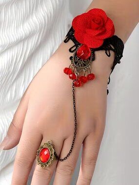 Vintage Red Rose & Black Lace Bracelet & Ring Beaded Antiqued Jewel Setting